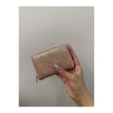 PurpleART Kadın Rose Gold Simli Yıldız Desenli Fermuarlı Mini Cüzdan & Çok Bölmeli Akordeon Kartlık 9cm x 12cm