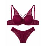 Push-up Dantelli Balenli Taşlı Bordo - Siyah İp Detaylı Sütyen Külot Takım (Bordo, 80B)
