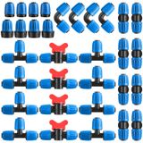 Pushglossy 32 Adet 1/2 "Boru Sulama Bağlantı Parçaları Kiti 1/2" ID x 0.6-0.62" OD 16 mm Damla Sulama Dikenli Konnektörler 4 Anahtarlı Vana, 8 Tee, 8 Kaplin, 4 Dirsek, 4 Uç, 4 Adaptör (Mavi)