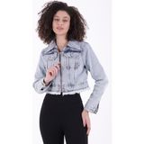 Püskül Detaylı ve Fermuarlı Kolları Düğmeli Kısa Kot Kadın Ceket Kar Yıkama Açık Mavi Denim - Dropsuz