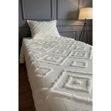 Püsküllü Şönil Yatak Örtüsü 180x250 cm ve Yastık Kılıfı – Boho & İskandinav Tarzı, Ekru Renk