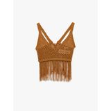 Püsküllü V Yaka Kolsuz Sırt Detaylı Slim Fit Kroşe Crop Bluz