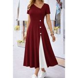 Pusula Sepeti Kadın Kısa Kollu Asimetrik Yakalı Düğme Detaylı Midi Viskon Elbise - 2XL - 3XL - Bordo