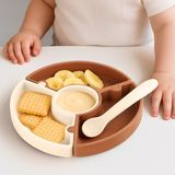 Puzzle Mama Tabağı Kaşık Seti - Silikon Vakum Tabanlı Yapboz Mama Tabağı Silikon Kaşık - Kahve Bej