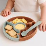 Puzzle Mama Tabağı Kaşık Seti - Silikon Vakum Tabanlı Yapboz Mama Tabağı Silikon Kaşık - Kahve Yeşil