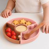 Puzzle Mama Tabağı Kaşık Seti - Silikon Vakum Tabanlı Yapboz Mama Tabağı Silikon Kaşık - Pembe Kahve
