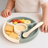 Puzzle Mama Tabağı Kaşık Seti - Silikon Vakum Tabanlı Yapboz Mama Tabağı Silikon Kaşık - Yeşil Bej