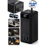 PW-94 80000mAh Taşınabilir Hızlı Şarj Cihazı - El Fenerli 18W Çoklu Kablolu Outdoor Powerbank