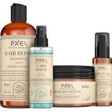 PXEL Onarıcı Saç Bakım Seti | Şampuan, Maske, Argan Yağı Serumu ve Fön Suyu | Parlaklık ve Yumuşaklık Sağlayan Vegan Set (400ML + 300ML + 75ML + 200ML)