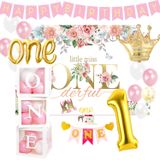 PYCALOW İlk Doğum Günü Süslemeleri Kız - 1. Doğum Günü Kız Bebek Dekorasyonları Balon Kutusu, Fon, Taç, Afiş, Yüksek Sandalye Afişi, Üst, İlk Bir Yaş Bebek Parti Malzemeleri İçerir