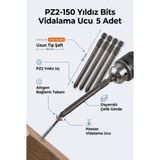 Pz2 150 mm Ekstra Uzun Yıldız Bits Vidalama Ucu 5 Adet - Altıgen Şaftlı Manyetik Uyumlu Matkap Ucu Seti