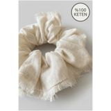 Q-İN Kadın %100 Doğal Keten Püsküllü-saçaklı Bohem fransız Scrunchie Toka - Krem saç tokası