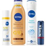 Q10 SPF50 Gündüz Yüz Krem 40ML, Sıkılaştırıcı Bronzluk Losyon 250ML,KIRMIZI Dudak Kremi ve Deodorant - Option-1