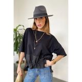 Qaju Kadın Siyah Bisiklet Yaka Tasarım Bel Büzgülü Oversize Tişört (T-SHİRT)