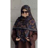 Qalortex Scarf Pamuklu Yaprak Desen Eşarp - Siyah - Morcivert
