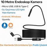 Qasul 10 Metre Endoskop Kamera Su Geçirmez LED Işıklı Boroskop Yılan Kamera Android Uyumlu Micro+Usb+Type-C - Siyah