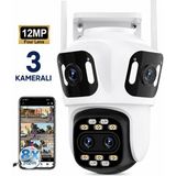 Qasul 3 Kameralı 12MP Wifi Güvenlik Kamerası 360° Ptz 8x Hibrit Zoom IP66 Su Geçirmez Hareket Takipli Gece Görüşlü Çift Yönlü Sesli - cmr59