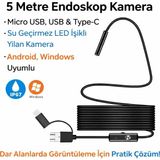 Qasul 5 Metre Endoskop Kamera Su Geçirmez LED Işıklı Boroskop Yılan Kamera Android Uyumlu Micro+Usb+Type-C - Siyah