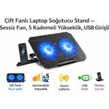 Qasul Çift Fanlı Laptop Soğutucu Stand – Sessiz Fan, 5 Kademeli Yükseklik, USB Girişli Telefon Standlı - Siyah