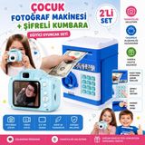 Qasul Çocuk Dijital Fotoğraf Makinesi + Şifreli Elektronik Kumbara Seti Eğitici Oyuncak Para Biriktirme & Fotoğraf Çekme - Mavi