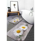Qatalina Gri Sarı Papatyalar Desenli Yıkanabilir Kaymaz Taban 2li Banyo Halısı Paspas Klozet Takımı
