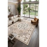 Qatalina Premium Bej Vintage Etnik Desenli Halı Kaymaz Taban Yıkanabilir Modern Salon Halısı-KARE