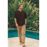 Qaviya Erkek Acı Kahve V Yaka Yırtmaçlı Pamuklu Dokuma Oversize Tişört / Bohem Bluz - XL