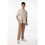 Qaviya Erkek Krem / Bej V Yaka Düşük Omuz Pamuklu Oversize Tişört / Bluz - XL