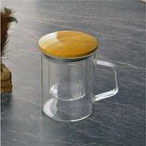 Qer Home Bambu Kapaklı Borosilikat Cam Süzgeçli Cam Kupa 450 ml Uzun - 1 Adet - 350 ml