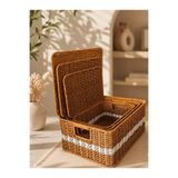 Qerhome 3'lü Kapaklı Hasır Rattan Organizer Beyaz Çizgili Sepet FTH-905