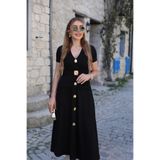 QİMYA BUTİK BUKETLİ Kadın Sabit Likralı Kemerli İri Sarı Düğme ve Cep Detaylı V Yaka Kıs Kollu Uzun ELBİSE