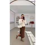 Qimya Butik Chamakh Kadın Beli Lastikli Derin Yırtmaçlı Süet Uzun Kalem Etek - Kahverengi