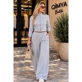 Qimya Butik Chamakh Kadın Süvari Model Şardonlu Fermuarlı Penye Ceket - Gri