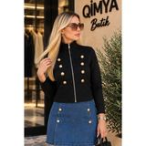 Qimya Butik Chamakh Kadın Süvari Model Şardonlu Fermuarlı Penye Ceket - Siyah