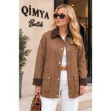 Qimya Butik Concept Kadın Yaka & Manşeti Kadife Yağlı Kumaş Premium Basic Ara Boy Mont-Ceket - Camel