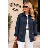 Qimya Butik Concept Kadın Yaka & Manşeti Kadife Yağlı Kumaş Premium Basic Ara Boy Mont-Ceket - Lacivert