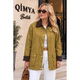 Qimya Butik Concept Kadın Yaka & Manşeti Kadife Yağlı Kumaş Premium Basic Ara Boy Mont-Ceket - Yağ Yeşili