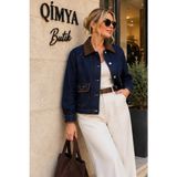 Qimya Butik Levure Kadife Yakalı Cep Kapakları Nakışlı Rahat Kesim Reglan Kol Rins Yıkama Kot Ceket - Lacivert