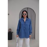 Qimya Butik Levure Uzun Kollu Ince Çizgili Çift Cepli Oversize Gömlek - Lacivert
