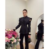 Qimya Butik Miss Neşem Kadın Iki Düğmeli Hakim Yaka Omzu Açık Fit Şık Ceket - Siyah