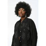 Qimya Butik Orfeo Negro Kadın Kolları ve Nakışlı Boncuk Detaylı Oversize Gömlek - Siyah - Standart