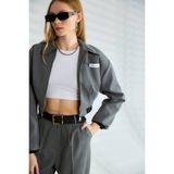 Qimya Butik Robin Kadın Astarlı Kolu Eteği Lastikli Kumaş Crop Mont - Gri - 38