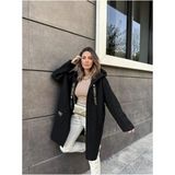 Qimya Butik Robin Kadın Kapüşonlu Torba Cep Astarsız Hafif Buklet Kaşe Oversize Kaban - Siyah - Standart