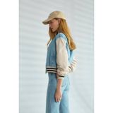 Qimya Butik Robin Kadın Kolları Kumaş Ön ve Arkası Jean Bomber Mont - Lacivert - Taş - 38