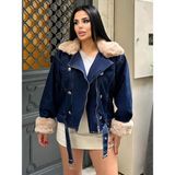 Qimya Butik Sagi Kadın Manşet & Yaka Kürk Detaylı Metal Düğme Çapraz Fermuarlı Içi Full Kürklü Kot Mont - Standart - Lacivert - Taş