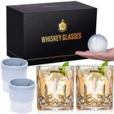 Qipecedm Eski Moda Viski Bardakları, 4'lü Set (2 Kristal Kaya Bardağı, 2 Yuvarlak Büyük Buz Topu Kalıbı) Hediye Kutusunda - 325 ml Scotch Bardağı, Bourbon Kokteyl Rum Votka Likörü için Barware,