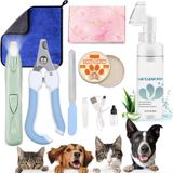 Qiveaory Pet bakım makası kiti profesyonel akülü elektrikli pençe düzeltici LED ışık ile 150ml/5.12fl.oz temiz pençeleri ve silikon fırça ayak balsamı köpek kedi tırnak makası ve güvenlik durdurma havlu, aile