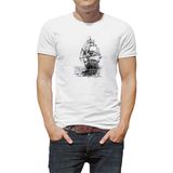 Qivi Amiral Gemisi Çizim Yelkenli Gemi Kalem Baskılı Baskılı Beyaz Erkek Örme T-shirt