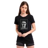 Qivi Charlie Chaplie Portre Baskılı Siyah Kadın Örme T-shirt