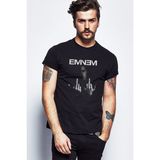 Qivi Eminem Middle Finger Baskılı Siyah Erkek Örme T-shirt